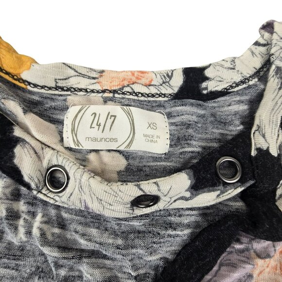 Maurices Floral Top Black & Yellow Strap V-Neck Striped Sleeves XS JH1832 - Picture 7 of 11